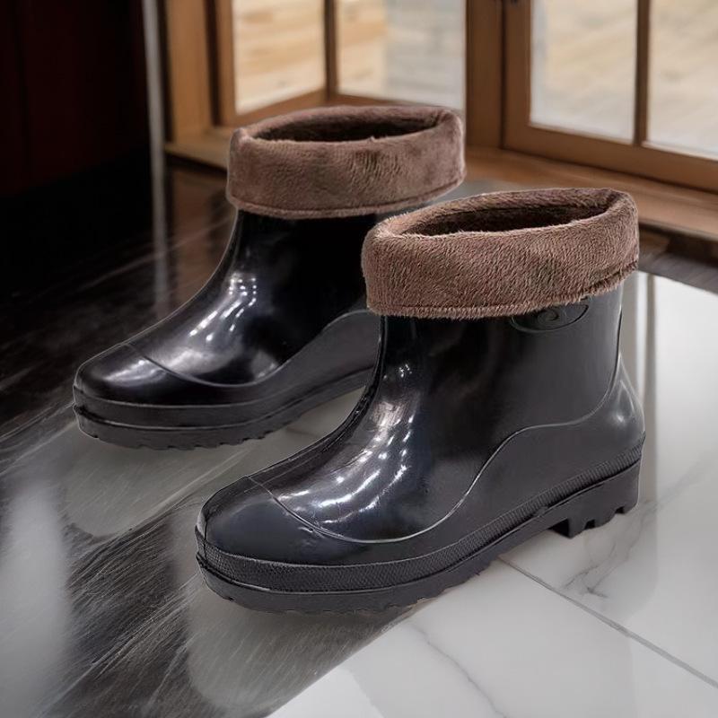 Men's rain shoes non-slip waterproof rain boots fleece thermal rubber shoes work short tube black water shoe cover shoes fashion