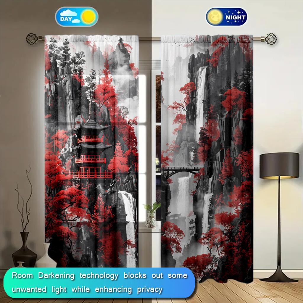 2pcs  Black Landscape Painting Printed Curtain for Home Decor - Rod Pocket Window Treatment for Bedroom, Office, Kitchen