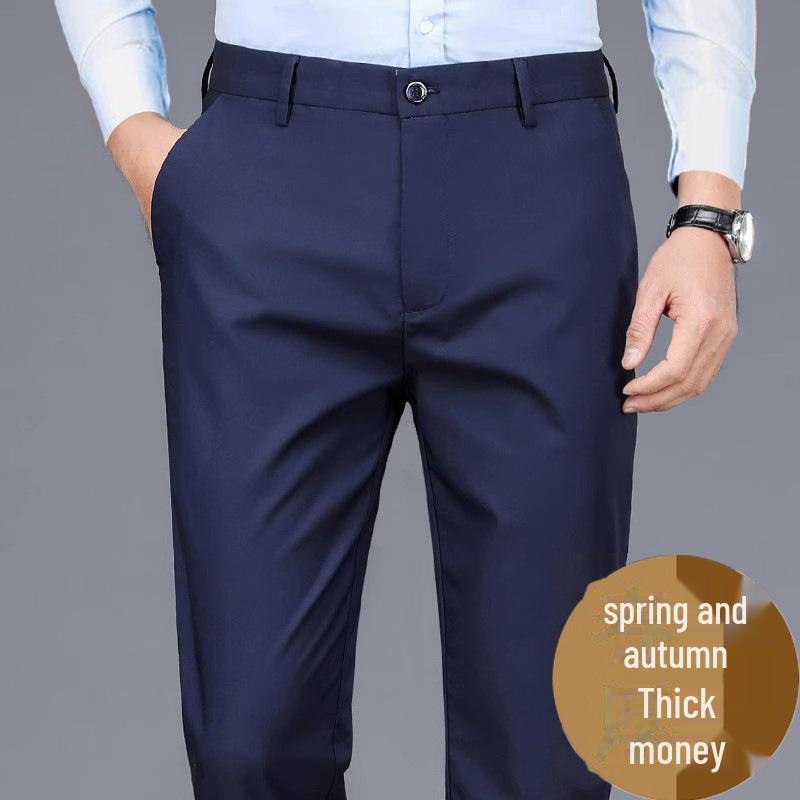 Men's Elastic Casual Thickened Formal Trousers for Autumn/Winter - Non-Iron, Loose, Straight Fit