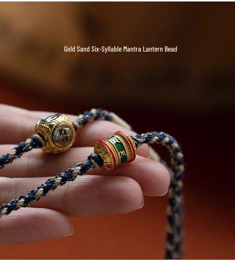 Tibetan Style Woven Thangka Pendant Necklace with Buddha Amulet and Six-Syllable Mantra.