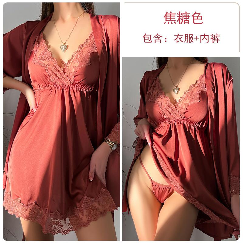 Women's Satin Mesh Deep V Comfy Cami Sleep Dress with Robe Lounge Set