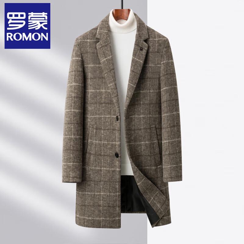 Romon Men's Plaid Wool Blend Mid-Length Business Casual Coat