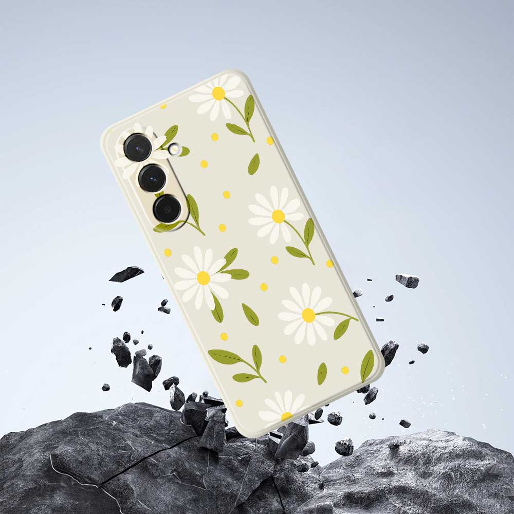 For Samsung Galaxy A36 5G Case White Flowers Green Leaves Pattern Printing Straight Edge TPU Phone Back Cover