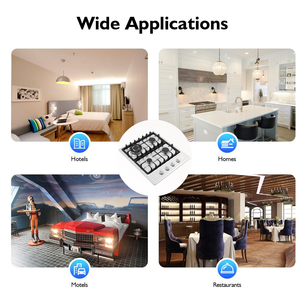 Powerful Built-in Gas Cooktop 4 Burner, Stainless Steel with 3KW Rapid Burner & Cast Iron Grates for Kitchen