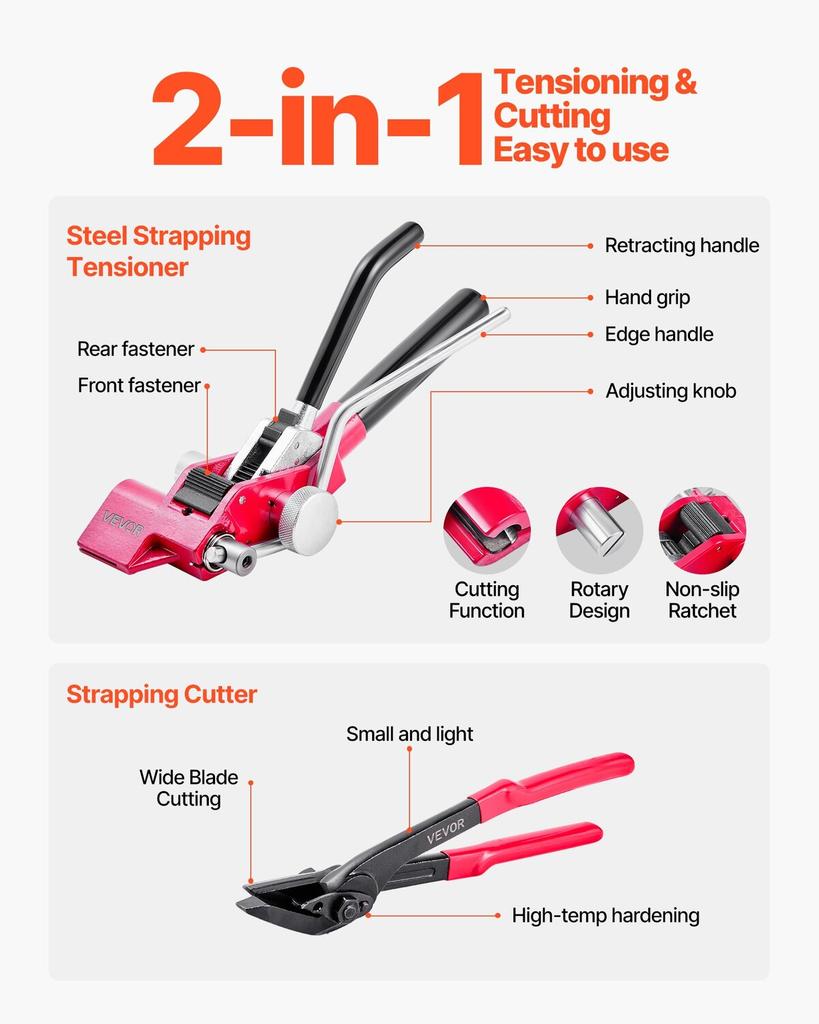 Steel Banding Strapping Kit, Heavy Duty Banding Sealer Tool with 122 M Binding Straps, 400 Metal Clasps, Manual Pallet Packaging Strapping Kit for
