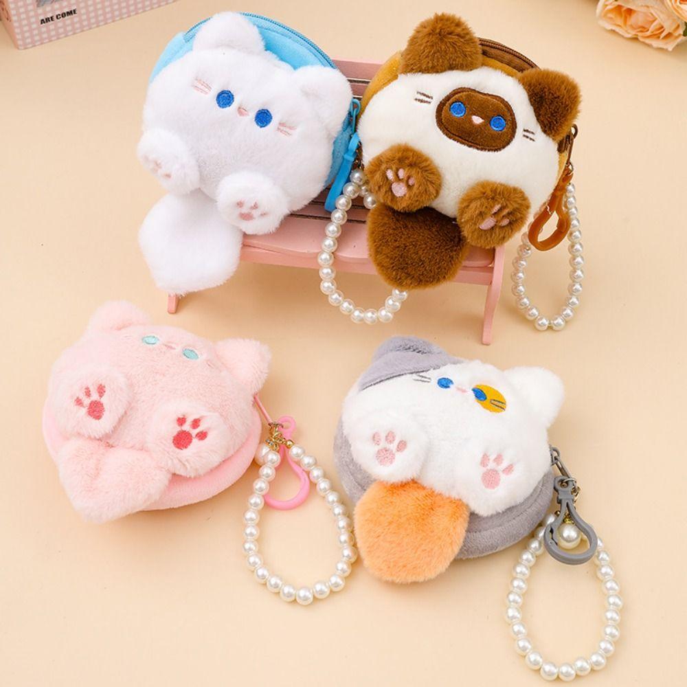 Cat Cartoon Plush Coin Purse Pearls String Portable Mini Plush Coin Bag Candy Color Accessories Backpack Keychain Plush Purse