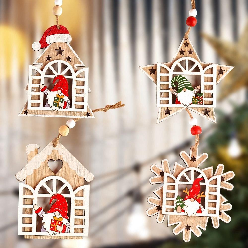 Santa Wooden House Faceless Pendant Pentagram Christmas Decorations Party