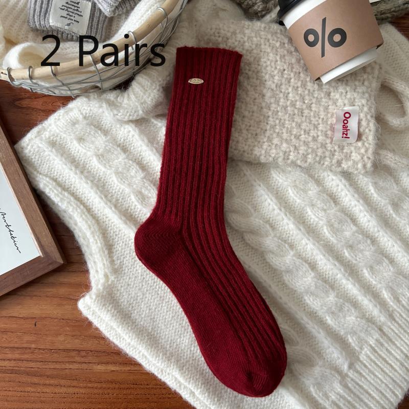 2 Pairs Golden Knot New Year Red Socks - Thick and Warm Wool Stockings for Autumn/Winter, Lucky Red Mid-Calf Socks