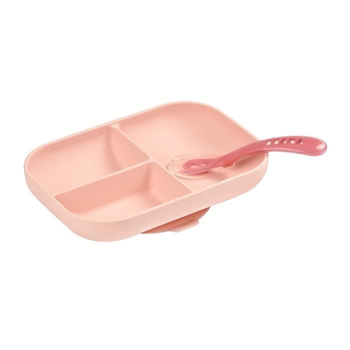 BEABA Baby Meal Set, With Suction Cup, Non-slip, Compartmentalized Silicone Plate + Spoon, Healthy and Durable, Pink