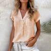 Women Shirt V-Neck Buttons Half Placket Short Sleeve Shirt Tops Solid Color Patch Pockets Loose Fit Summer Casual Shirt