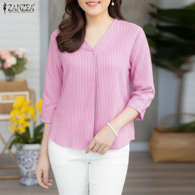 ZANZEA Women Casual V-Neck 3/4 Sleeve Loose Stripe Blouse