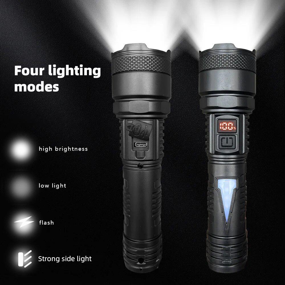 Upgraded Super Bright Flashlight USB Rechargeable with Side Lamp Built-in Battery Torch for Outdoor Emergency Camping Use