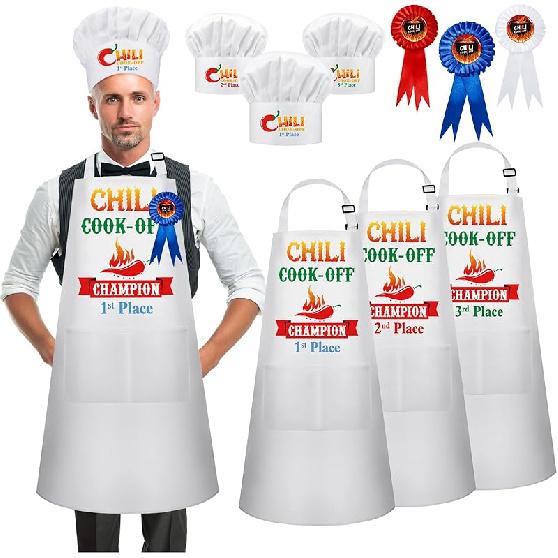 Wesiti 9 Pcs Chili Cook off Prizes Decorations Trophies Chili Cook off Apron Ribbon Chef Hat for Kitchen Men Women