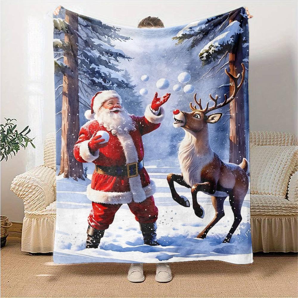 1pc Santa Claus Snowballs Blanket Lightweight Flannel Throw for Sofa Bed Travel Camping Livingroom Office Couch Chair