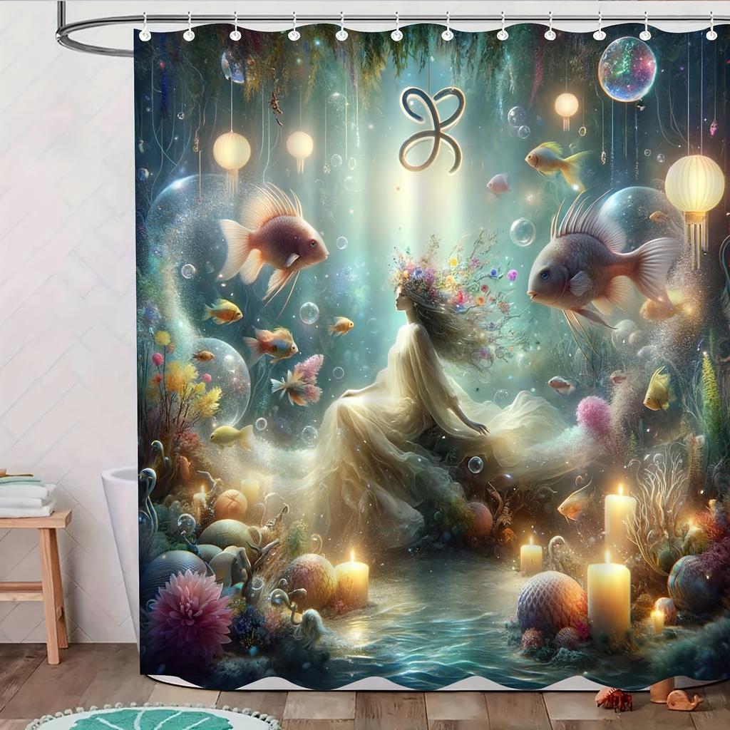 Mermaid & Fish Print Waterproof Shower Curtain For Bathroom, Magical Underwater Design High-End Toilet Partition Curtain