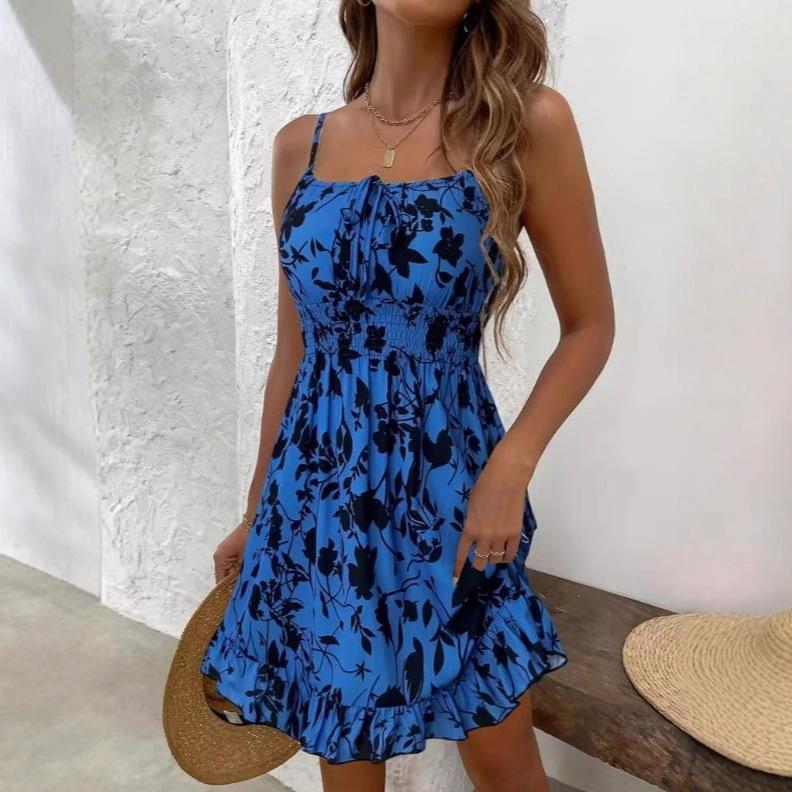 Women Sleeveless Spaghetti Strap Floral Print Dress Solid Color Tie Front Ruffled Hem Summer Dress