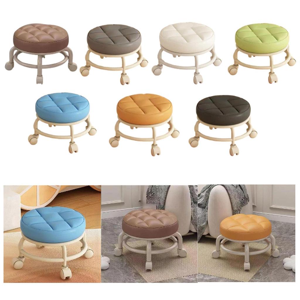 Roller Seat Rolling Stool Round Low Height Foot Rest with Wheel PU Leather for Living Room Bedside Porch Salon Pedicure Home
