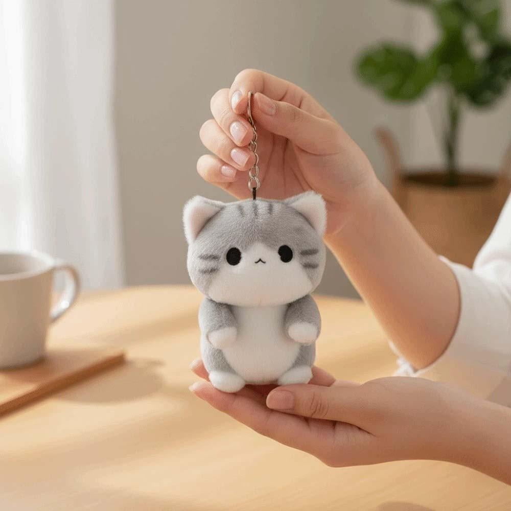 Cartoon Grey Cat Key Chain Soft Cute Pet Pendant Bag Charm Plush Doll Key Ring  Daily