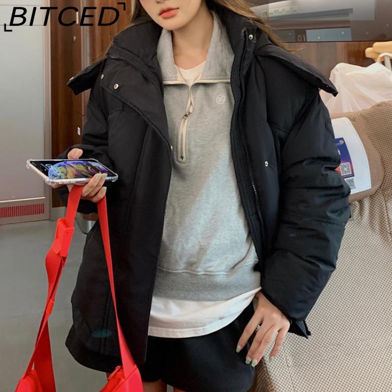 BITCED New Style Women's Winter Short-Length Hooded Puffer Jacket with Design-Forward Thickened Fleece Lining