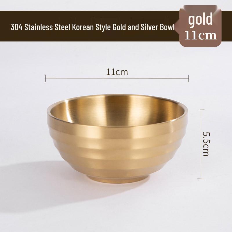 304 Stainless Steel Gold-Threaded Double-Layer Insulated Bowl for Kindergarten Soup and Rice, Korean Style