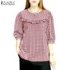 ZANZEA Women Summer Round Neck 3/4 Sleeve Plaid Blouses