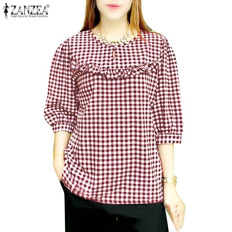 ZANZEA Women Summer Round Neck 3/4 Sleeve Plaid Blouses