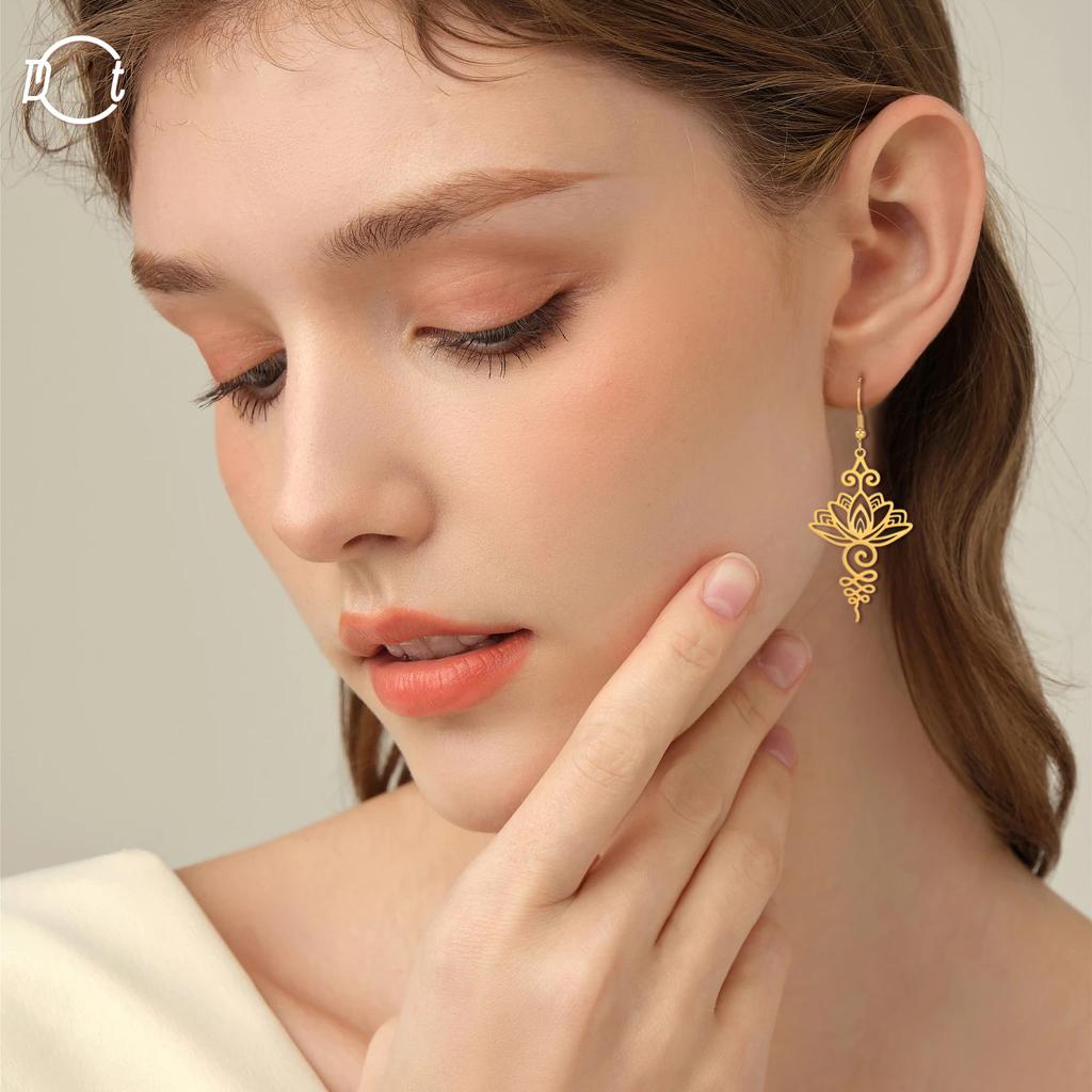 Unalome Pendant Earrings Hippie Stainless Steel Yoga Lotus Flower Drop Earrings for Women Unique Buddhism