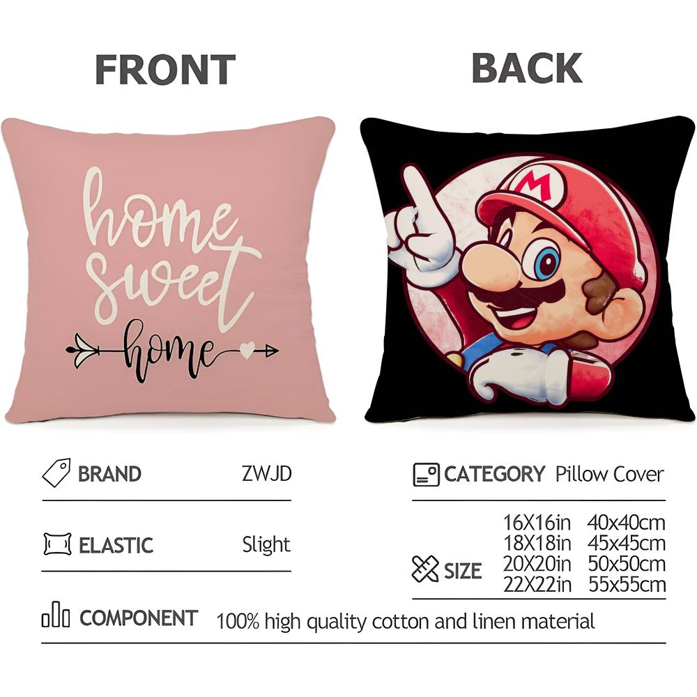 Mario Series Characters Cushion Household Decoration Linen Sofa Cushion Cover: Skin-Friendly & Breathable with Invisible Zipper