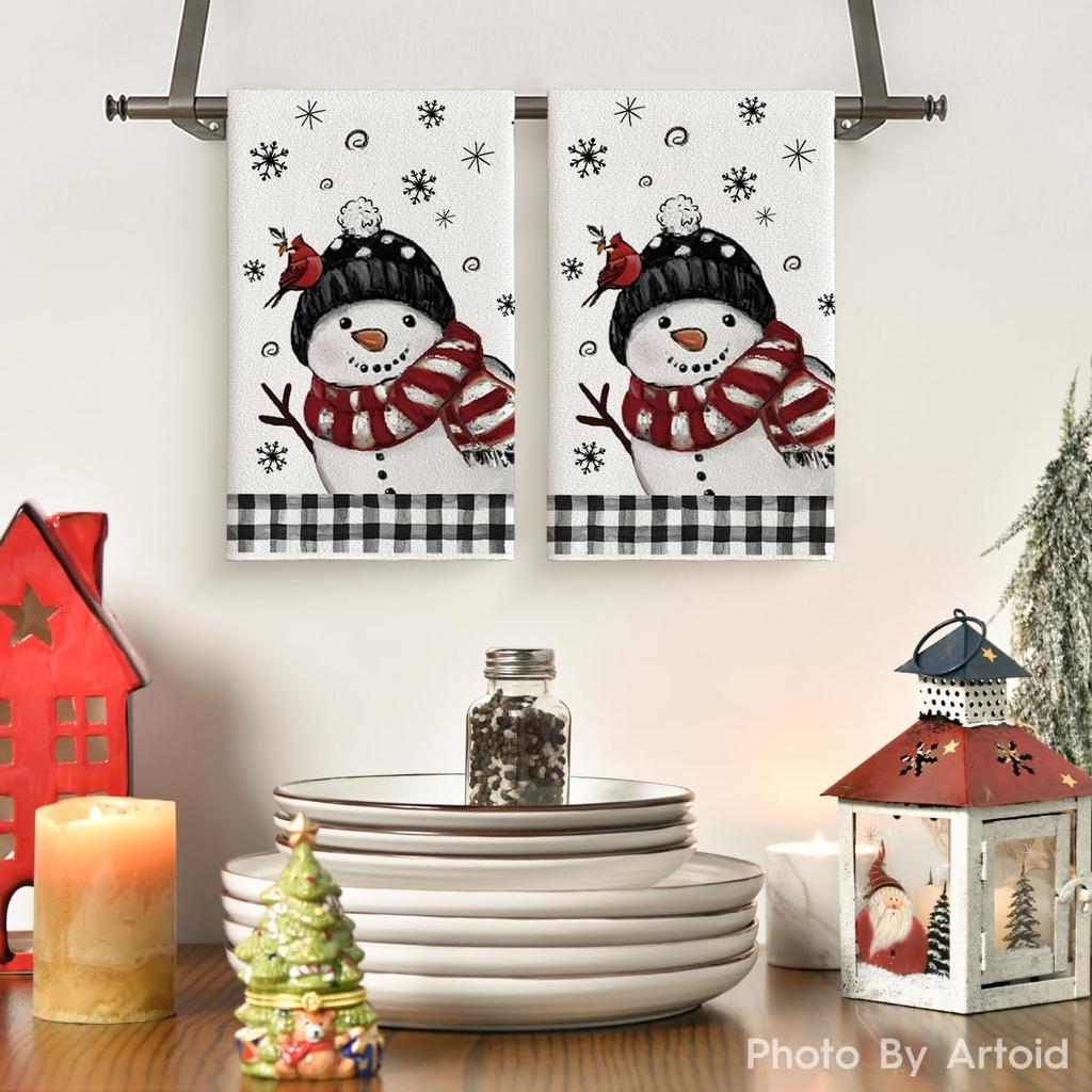 Artoid Mode Red Black Buffalo Plaid Bird Snowman Winter Kitchen Towels Dish Towels, 18x26 Inch Farmhouse Snowflakes Decoration Cleaning Set of 2