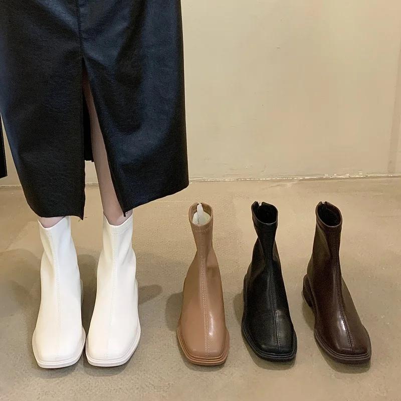 2024 Skinny Short Boots Female Head Knight Middle Heel Star Style Soft Leather  Boots Thick Heel Long Boots Platform Shoes