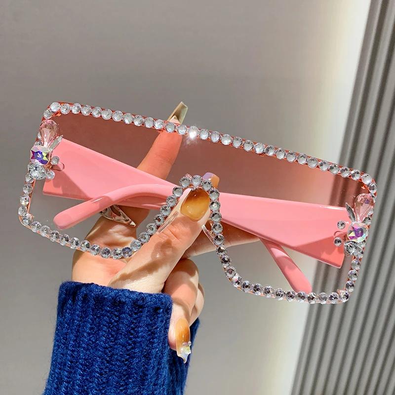 Large Frame Diamond-Set Sunglasses Women'S Anti-Ultraviolet Glasses One-Piece Sunglasses Rhinestone Glasses 90165-1