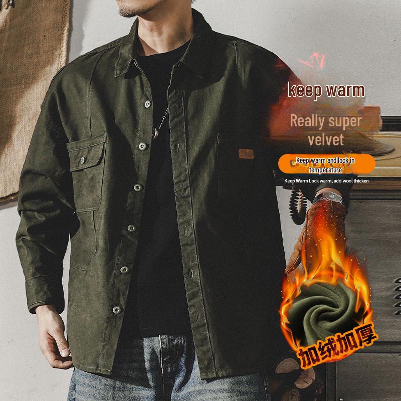 Herren Retro Schweres Arbeitshemd: Langärmige Jagdjacke im Oversize-Schnitt mit Samtfutter, Herbstlicher Coach-Stil.