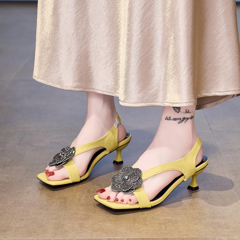 Rhinestone Camellia High Heels Summer New Light Cooked Style Square Toe Open Toe Back Empty Stiletto Sandals