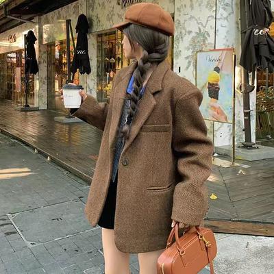 Woolen Blazer Women's Autumn and Winter Casual Retro Padded Cotton Coffee Blazers