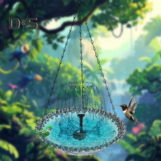 Hanging Birds Bath with Solar Fountain Pump Outdoor Garden Hummingbird Feeder Tray Solar Power Water Fountain Birdbath Bowl for Outside