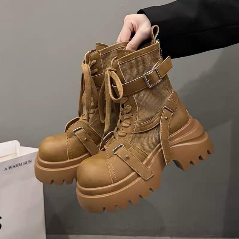 Wind lace-up platform short boots women's new autumn small man heightening retro versatile Martin boots