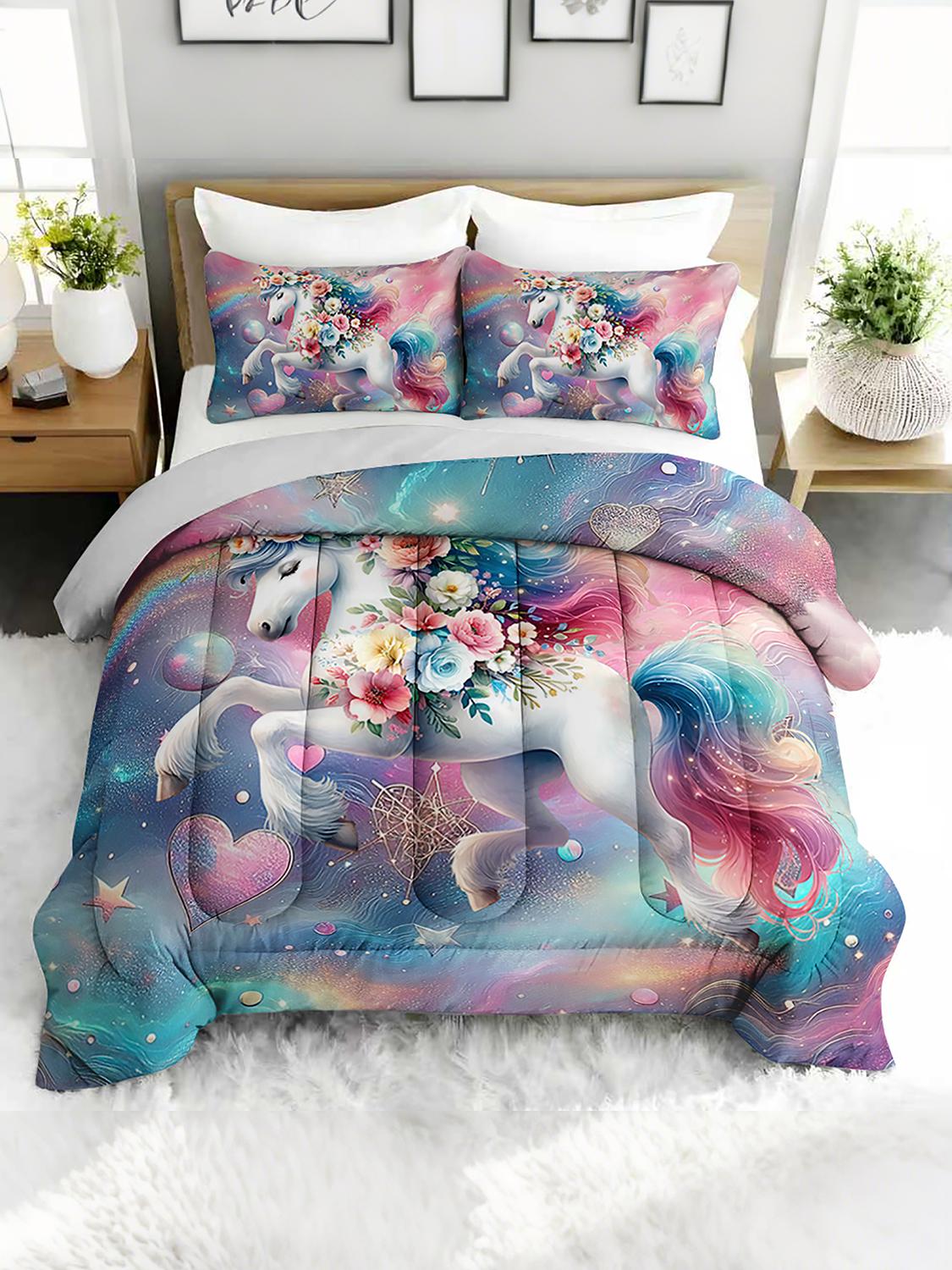 3PC Unicorn Floral Fantasy Bedding Set - Magical Duvet Cover with 2 Pillowcases for Bedroom Or Guest Room Decor 240x220cm