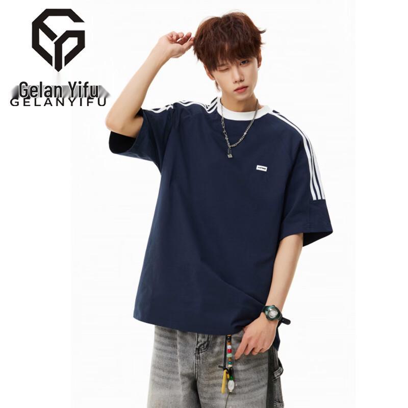 GELANYIFU Men s Side Stripe Loose Short Sleeve T-Shirt L