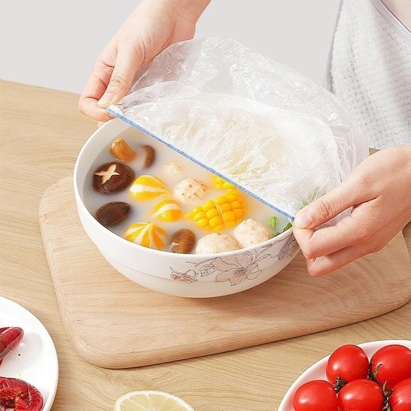 100 Stück Bunte Einweg-Lebensmittelabdeckung Obst-Lebensmittelabdeckung Elastischer Kunststoff Duschhaube Aufbewahrungsbeutel Küchenorganisator Frischhaltefolie