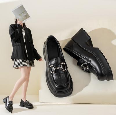 Leder Loafer mit dicker Sohle Damen Frühling Neue Schuhe Schwarz Kleine Lederschuhe Britischer Stil Einzelne Schuhe