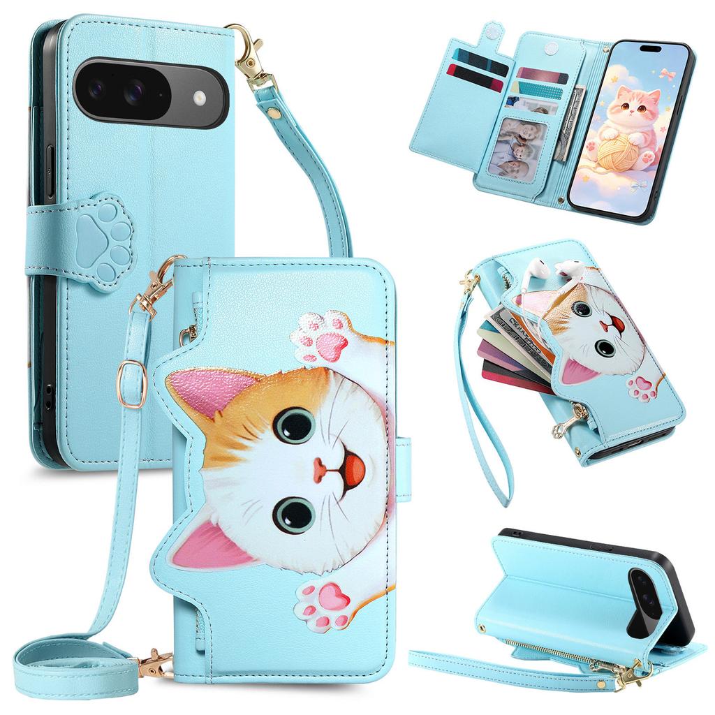 Cute Cat Crossbody Long Lanyard Flip Wallet Leather Case for Google Pixel 11 Pro XL 10Pro 9a 8a 7a 6a Shockproof Stand Cover