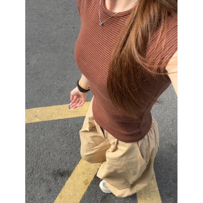 

Cotton Threaded G Maillard Coffee Striped Shoulder Short Sleeve T-Shirt Women s Slim Top S