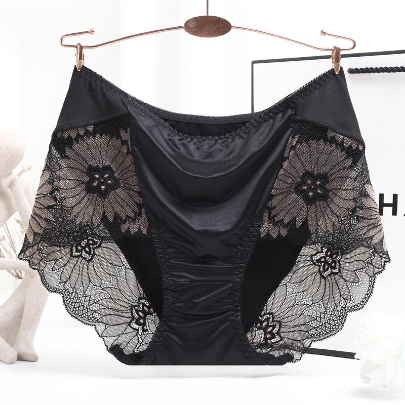 Modal Satin Lingerie Silky Triangle Underwear Sexy Lace Underpants Pure Cotton Mid Waist Briefs Plus Size Panties