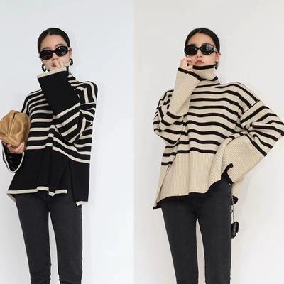 High Neck Knitted Black White Striped Sweater Top Long Sleeve Women Pullover Female Jumper Turtleneck Oversized Sweaters