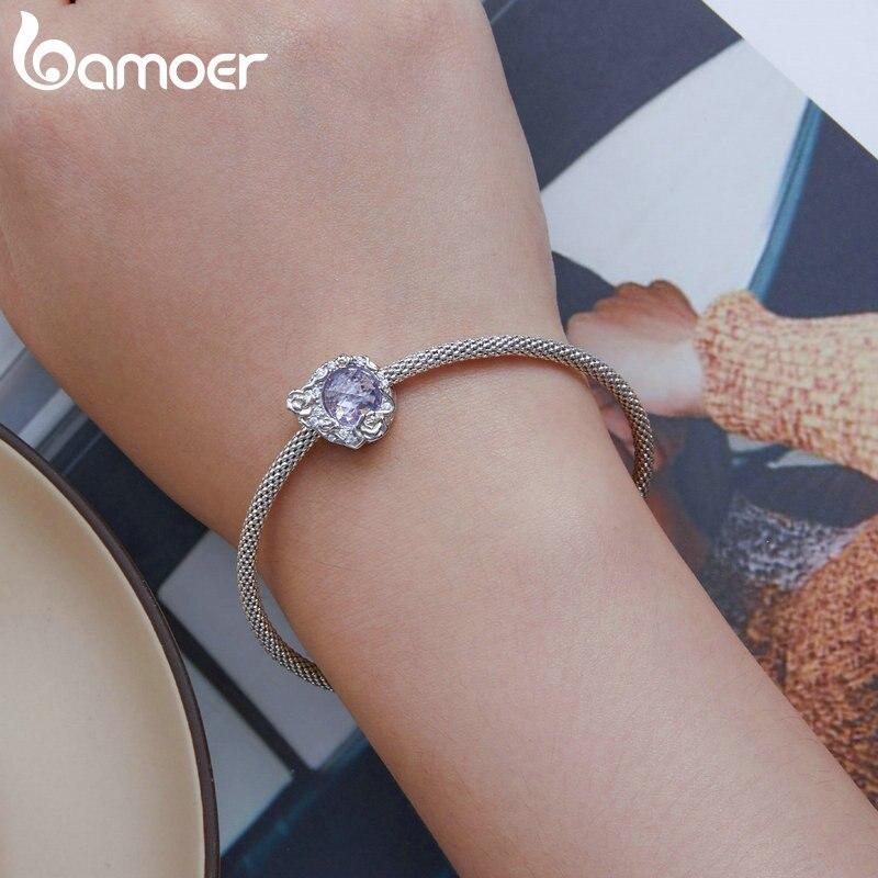BAMOER 925 Sterling Silver Purple Stone Rose Vine Bead Hollow Rose Pattern Charms for Women Original Bracelet Bangle
