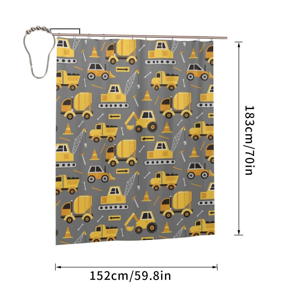 Construction Trucks On Gray Shower Curtain Bathroom Polyester Waterproof Bath Curtains With Hooks