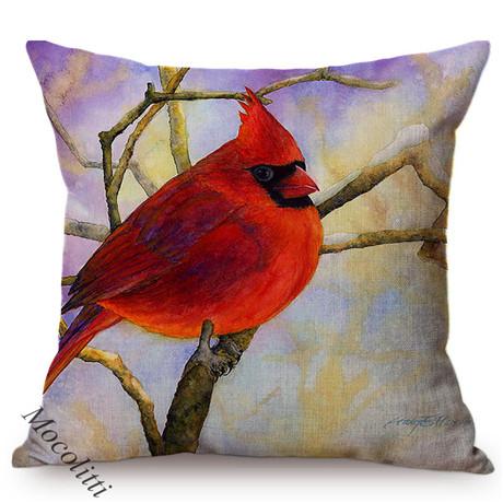 Spring Colorful Home Decoration Cushion Cover Cardinal Bird Style Water Color Art Cotton Linen Square Sofa Throw Pillow Case