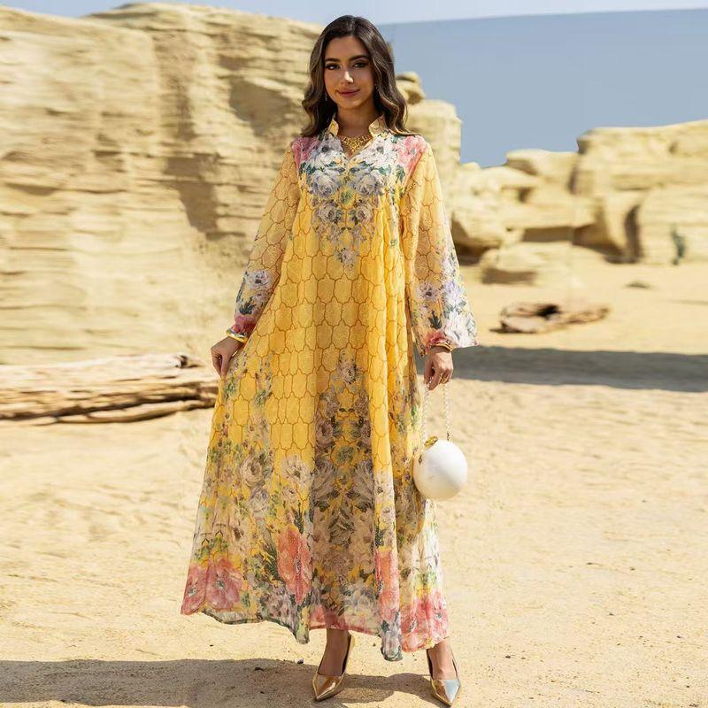 New Middle East Dubai Fashion Embroidered Print Robe Dress Embroidered Printed Dress