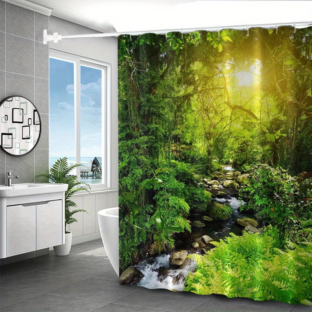 Forest Stream Print Polyester Bathroom Set, Waterproof - Includes Machine Washable Curtain, Bath Mat Accessories, Set Of 4