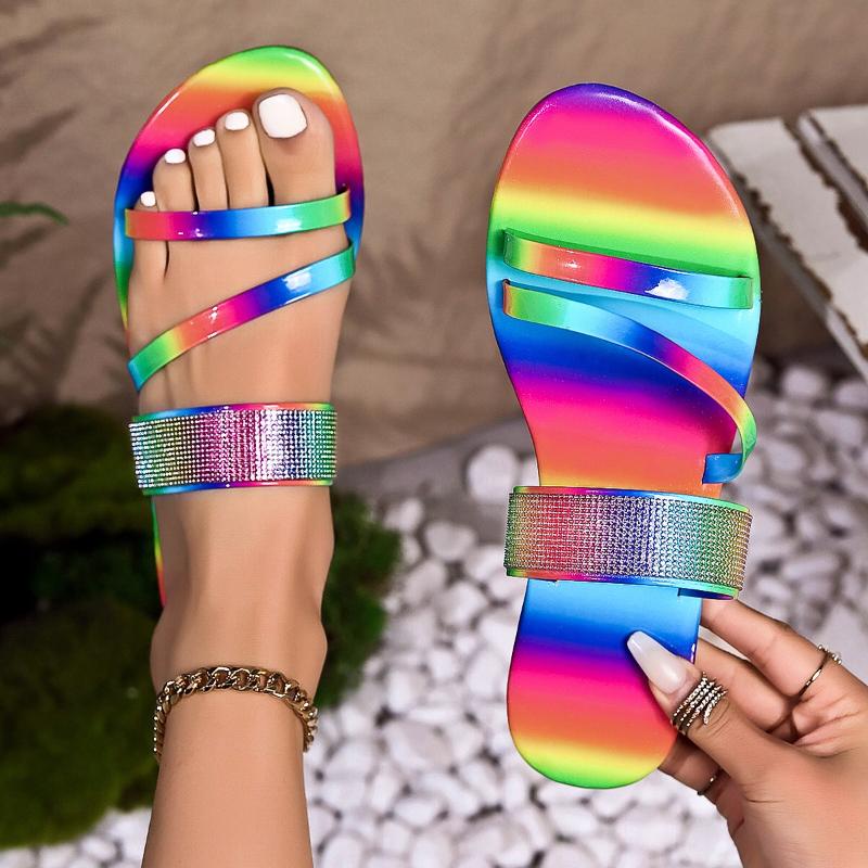 Fashion Fashion Versatile Woman Shoes 2025 Summer New Round Toe Flat Shoes Simple Women Rhinestone Slippers Anti Slip Women's Sandals